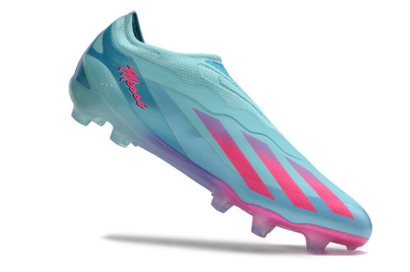 CHUTEIRA ADIDAS X CRAZYFAST LACELESS CAMPO "MIAMI VICE" - AZUL E ROSA