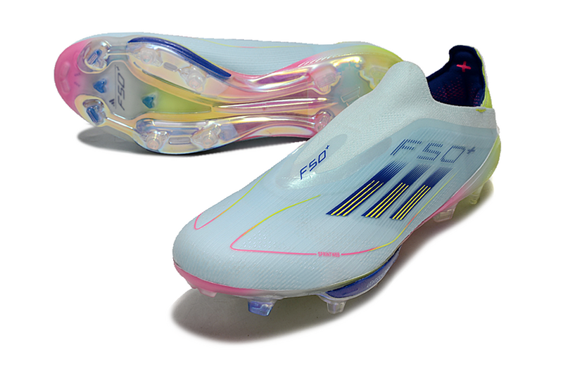 CHUTEIRA ADIDAS F50 LACELESS LIGHTSTRIKE PRO ELITE CAMPO - "MIAMI VICE" – AZUL E COLORIDA