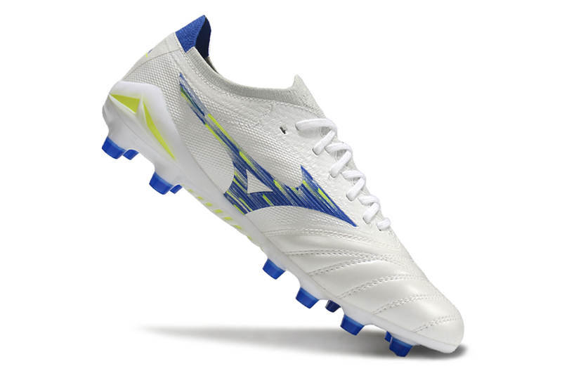 CHUTEIRA MIZUNO MORELIA NEO IV JAPAN CAMPO - BRANCA E AZUL