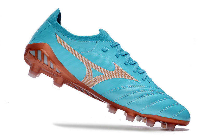 CHUTEIRA MIZUNO MORELIA NEO III JAPAN CAMPO - AZUL E LARANJA