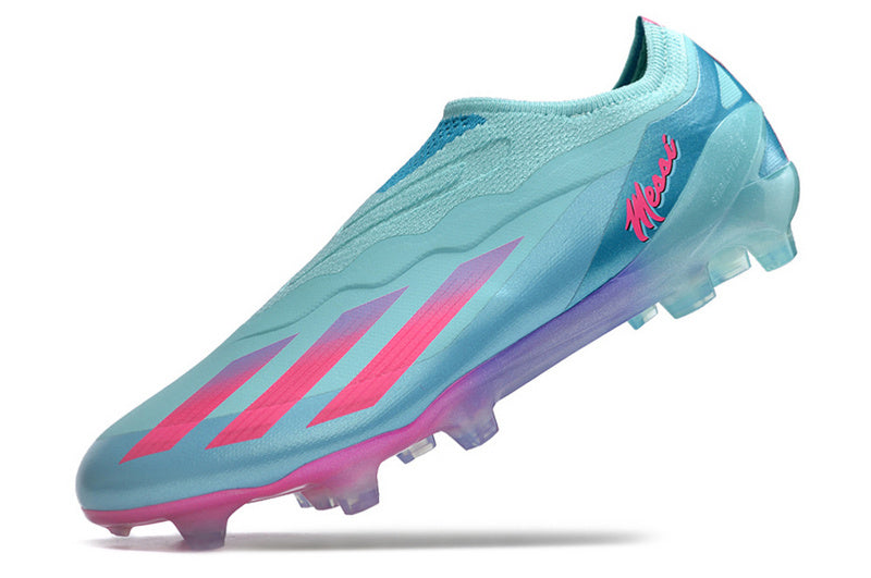 CHUTEIRA ADIDAS X CRAZYFAST LACELESS CAMPO "MIAMI VICE" - AZUL E ROSA