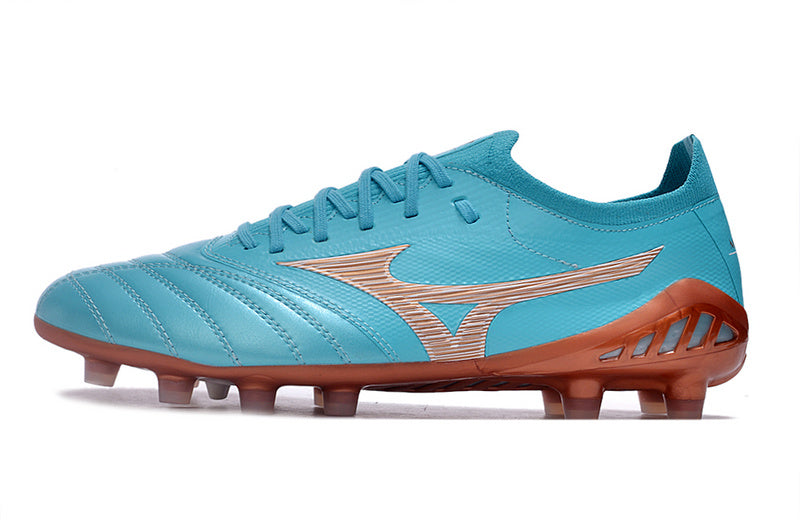 CHUTEIRA MIZUNO MORELIA NEO III JAPAN CAMPO - AZUL E LARANJA