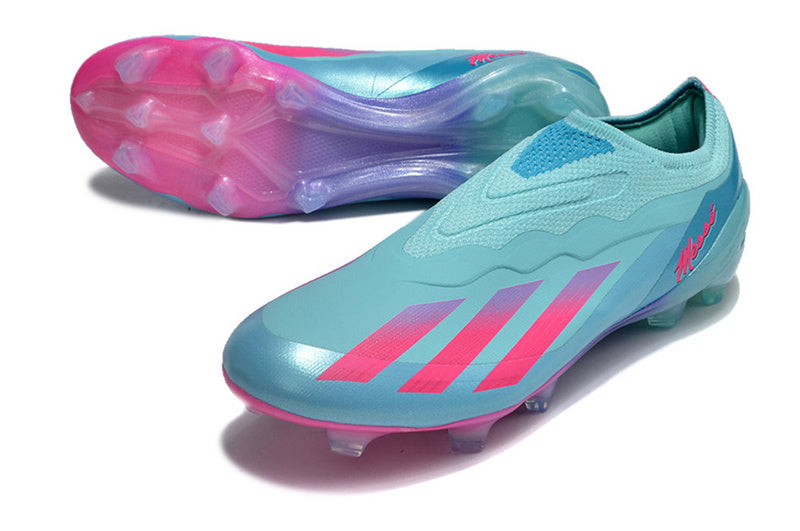 CHUTEIRA ADIDAS X CRAZYFAST LACELESS CAMPO "MIAMI VICE" - AZUL E ROSA
