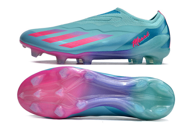 CHUTEIRA ADIDAS X CRAZYFAST LACELESS CAMPO "MIAMI VICE" - AZUL E ROSA