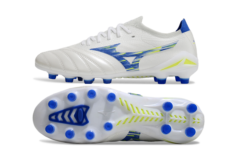 CHUTEIRA MIZUNO MORELIA NEO IV JAPAN CAMPO - BRANCA E AZUL