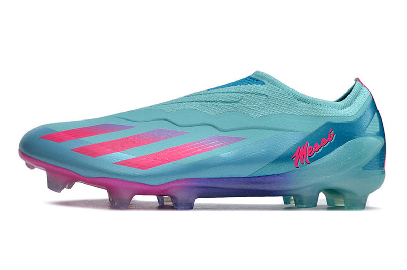 CHUTEIRA ADIDAS X CRAZYFAST LACELESS CAMPO "MIAMI VICE" - AZUL E ROSA