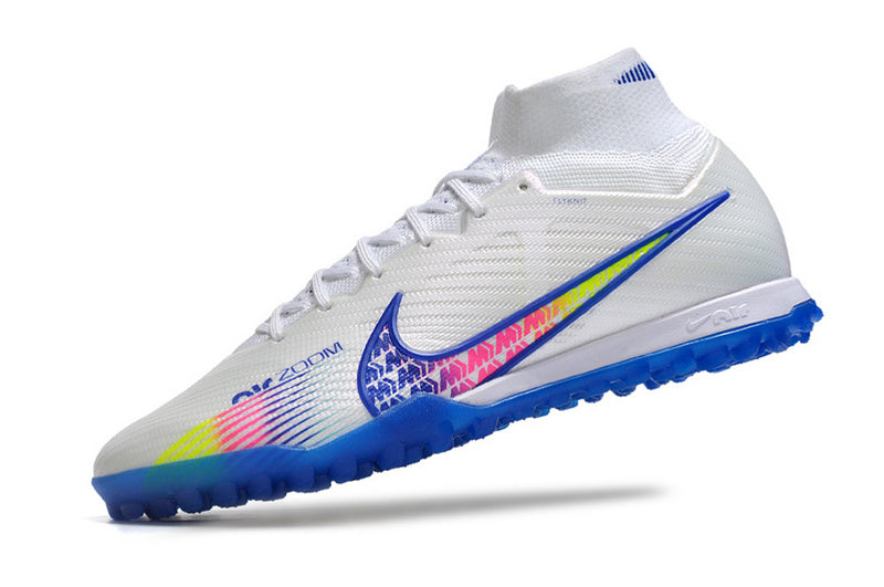 CHUTEIRA NIKE MERCURIAL AIR ZOOM SUPERFLY 9 ELITE SOCIETY - BRANCA E AZUL