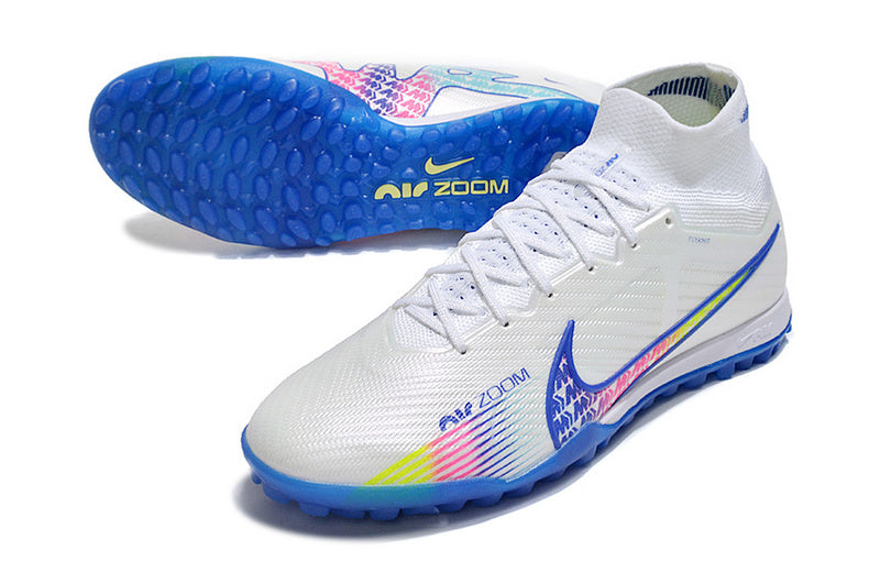 CHUTEIRA NIKE MERCURIAL AIR ZOOM SUPERFLY 9 ELITE SOCIETY - BRANCA E AZUL