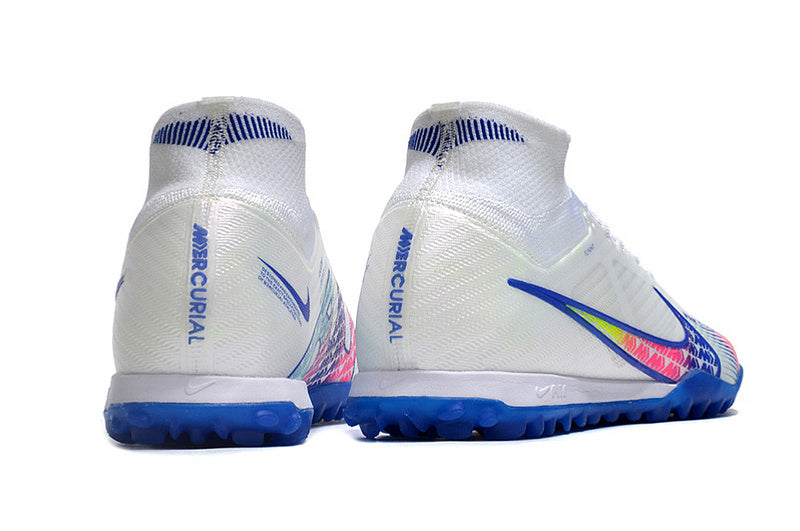 CHUTEIRA NIKE MERCURIAL AIR ZOOM SUPERFLY 9 ELITE SOCIETY - BRANCA E AZUL