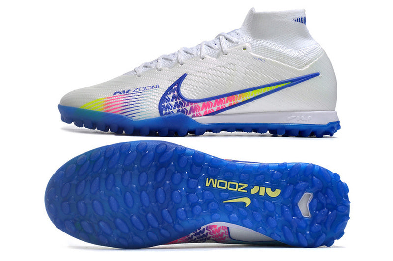 CHUTEIRA NIKE MERCURIAL AIR ZOOM SUPERFLY 9 ELITE SOCIETY - BRANCA E AZUL