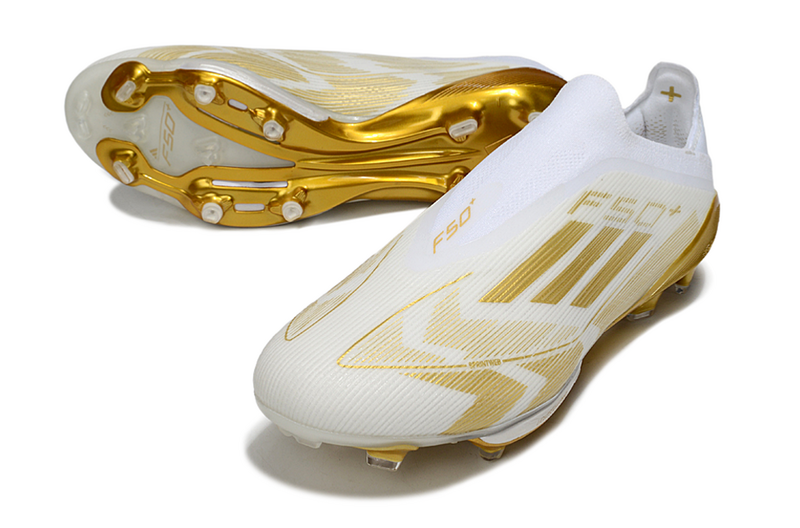 CHUTEIRA ADIDAS F50 LACELESS LIGHTSTRIKE PRO ELITE CAMPO - BRANCA E DOURADA