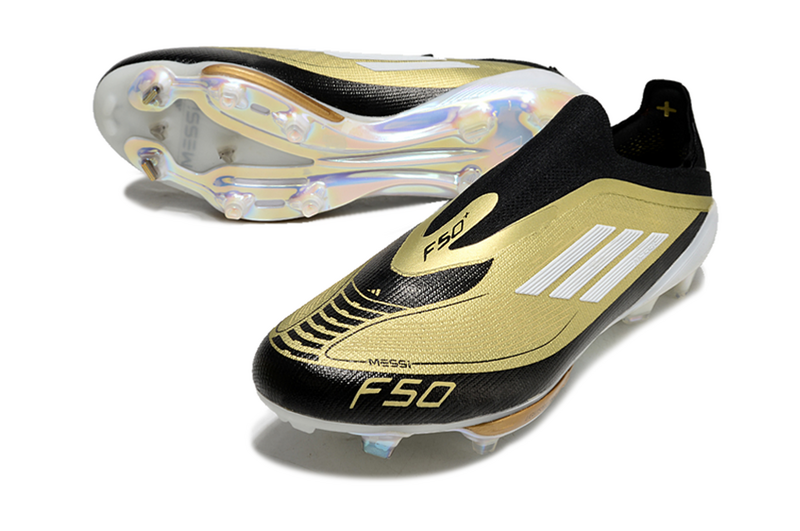 CHUTEIRA ADIDAS F50 LACELESS LIGHTSTRIKE PRO ELITE CAMPO "TRIUNFO DOURADO" – PRETA E DOURADA