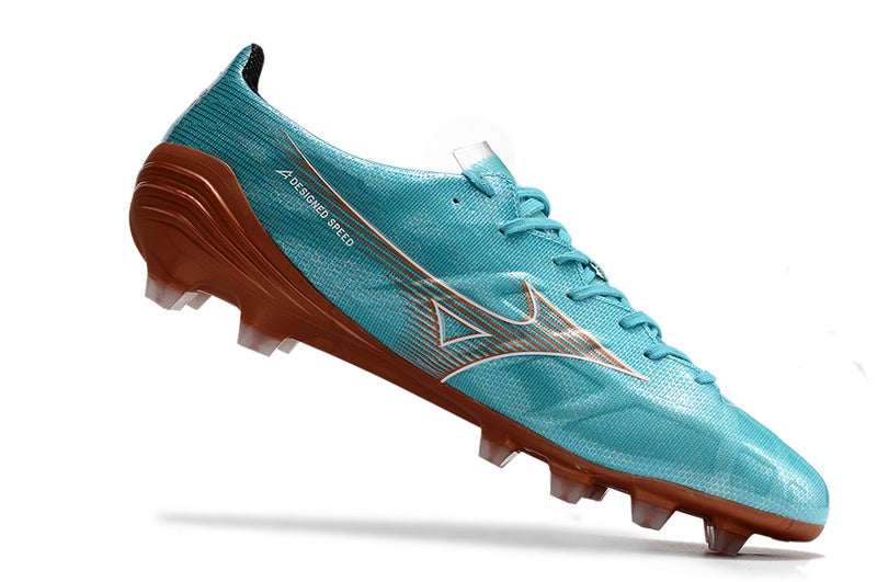 CHUTEIRA MIZUNO ALPHA JAPAN CAMPO "AZURE BLUE" - AZUL E LARANJA