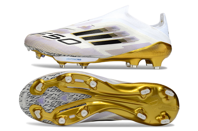 CHUTEIRA ADIDAS F50 LACELESS LIGHTSTRIKE PRO ELITE CAMPO - BRANCA E DOURADA
