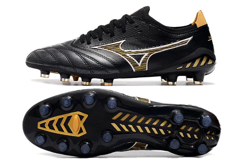 CHUTEIRA MIZUNO MORELIA NEO III JAPAN CAMPO - PRETA E DOURADA