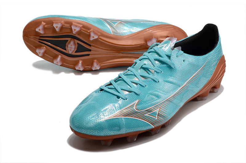 CHUTEIRA MIZUNO ALPHA JAPAN CAMPO "AZURE BLUE" - AZUL E LARANJA