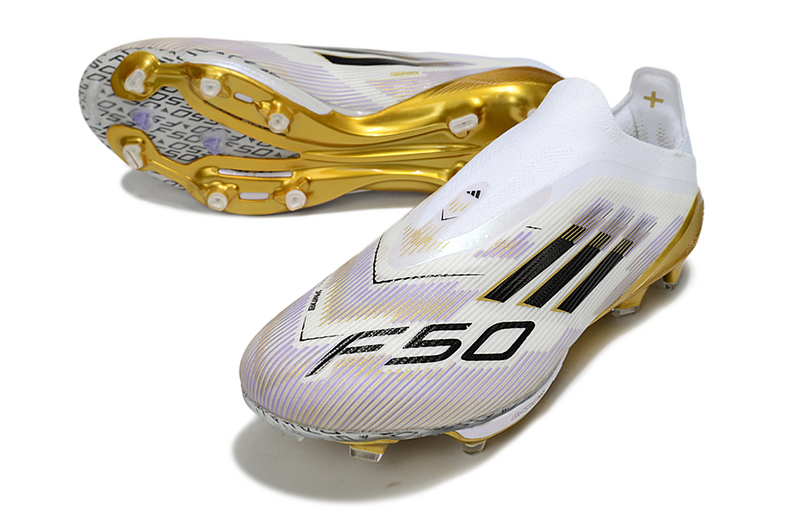 CHUTEIRA ADIDAS F50 LACELESS LIGHTSTRIKE PRO ELITE CAMPO - BRANCA E DOURADA