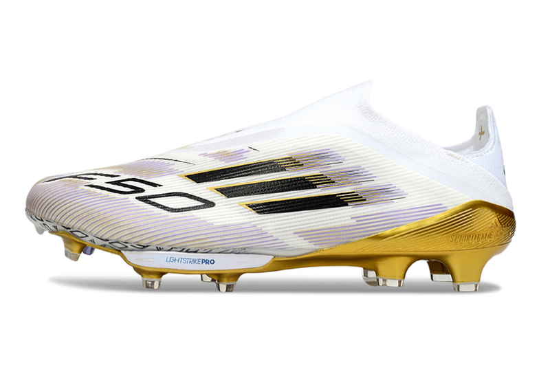 CHUTEIRA ADIDAS F50 LACELESS LIGHTSTRIKE PRO ELITE CAMPO - BRANCA E DOURADA