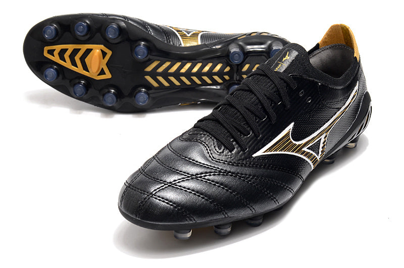 CHUTEIRA MIZUNO MORELIA NEO III JAPAN CAMPO - PRETA E DOURADA