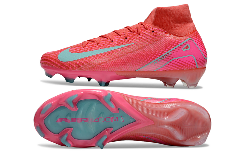 CHUTEIRA NIKE AIR ZOOM MERCURIAL SUPERFLY 10 ELITE CAMPO "MAD ENERGY" - VERMELHA E CIANO