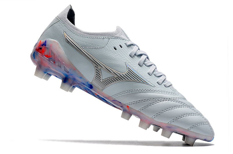 CHUTEIRA MIZUNO MORELIA NEO III JAPAN CAMPO - BRANCA E AZUL