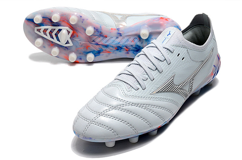 CHUTEIRA MIZUNO MORELIA NEO III JAPAN CAMPO - BRANCA E AZUL