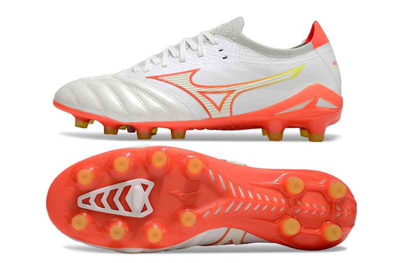 CHUTEIRA MIZUNO MORELIA NEO IV JAPAN CAMPO - BRANCA E LARANJA