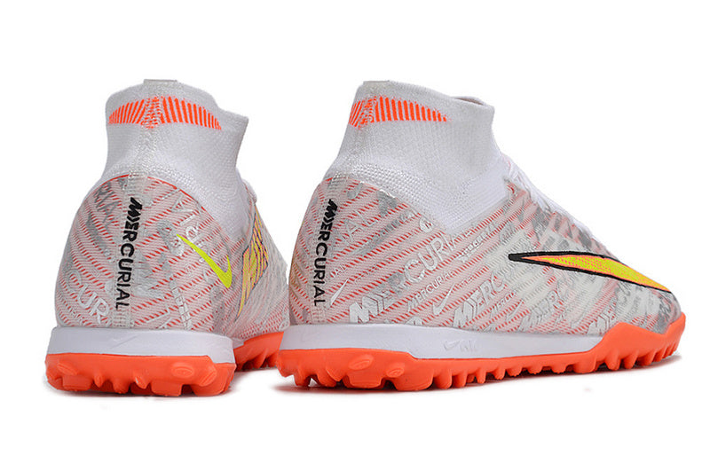 CHUTEIRA NIKE MERCURIAL AIR ZOOM SUPERFLY 9 ELITE SOCIETY - BRANCA E LARANJA
