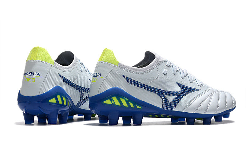 CHUTEIRA MIZUNO MORELIA NEO III JAPAN CAMPO - BRANCA E AZUL