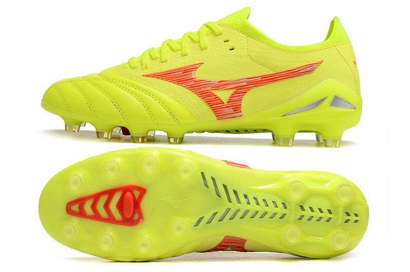 CHUTEIRA MIZUNO MORELIA NEO IV JAPAN CAMPO  "DYNA" - AMARELA E LARANJA