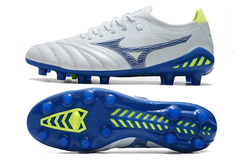 CHUTEIRA MIZUNO MORELIA NEO III JAPAN CAMPO - BRANCA E AZUL