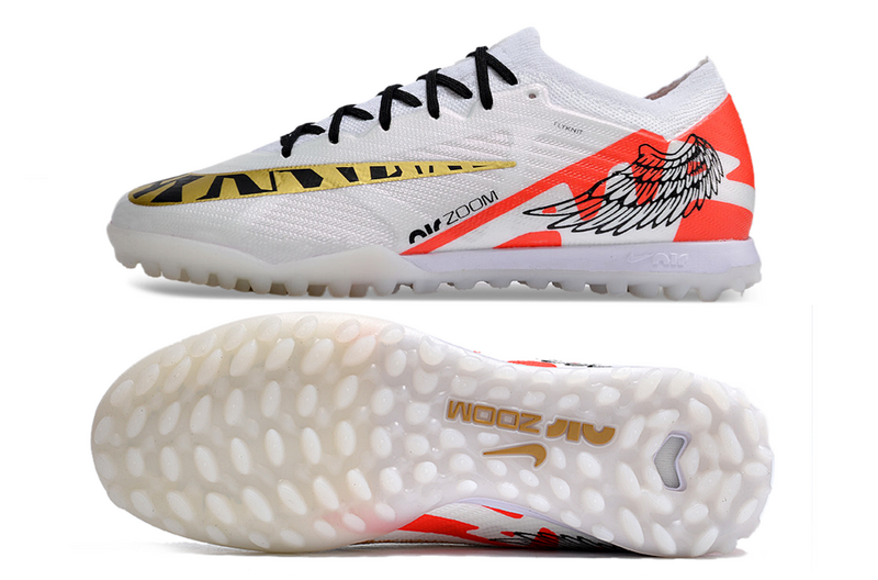 CHUTEIRA NIKE MERCURIAL AIR ZOOM VAPOR 15 ELITE SOCIETY - BRANCA E LARANJA