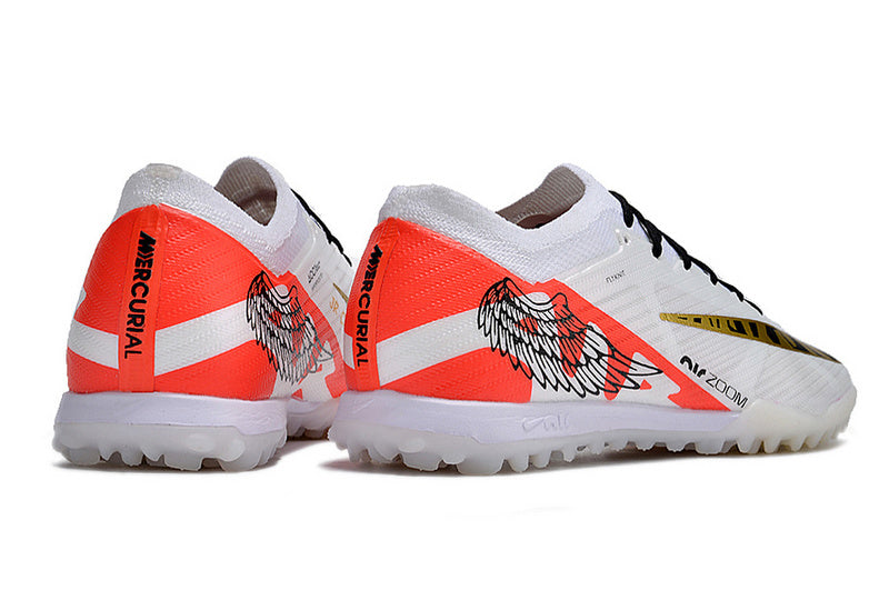 CHUTEIRA NIKE MERCURIAL AIR ZOOM VAPOR 15 ELITE SOCIETY - BRANCA E LARANJA