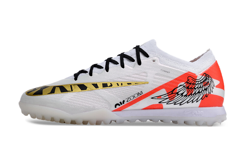CHUTEIRA NIKE MERCURIAL AIR ZOOM VAPOR 15 ELITE SOCIETY - BRANCA E LARANJA