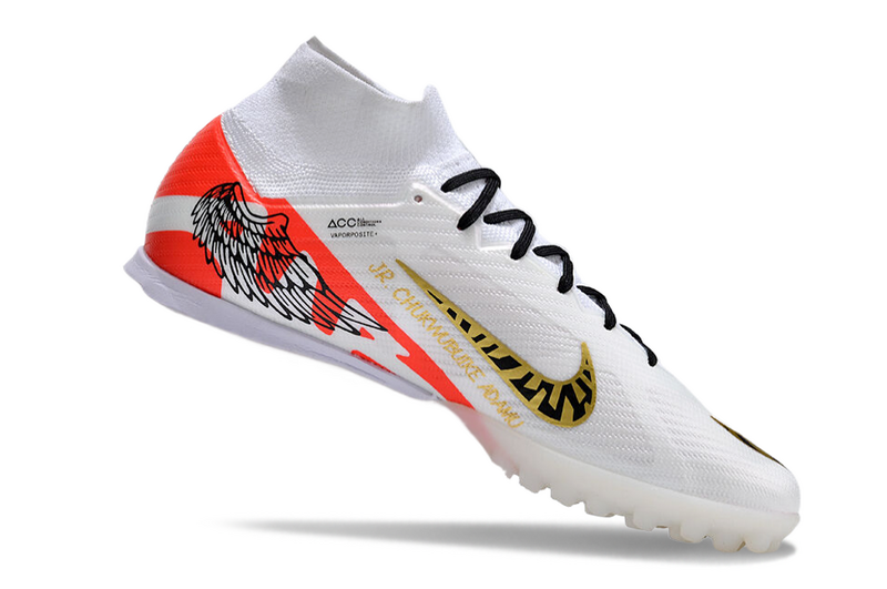 CHUTEIRA NIKE MERCURIAL AIR ZOOM SUPERFLY 9 ELITE SOCIETY - BRANCA E LARANJA