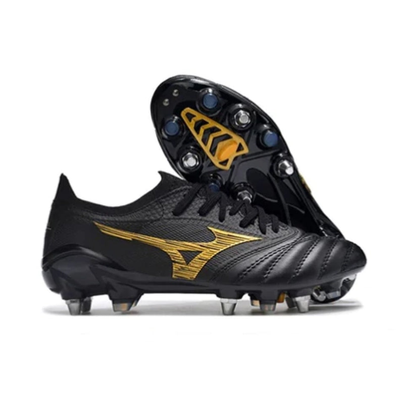 CHUTEIRA MIZUNO MORELIA NEO III JAPAN TRAVA MISTA - PRETA E AMARELA